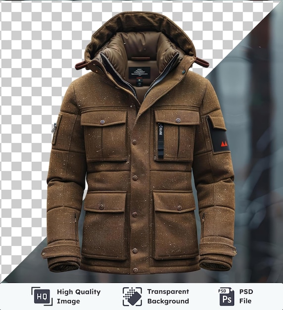 PSD premium of front view capture a premium jacket brown technical materials fabric label