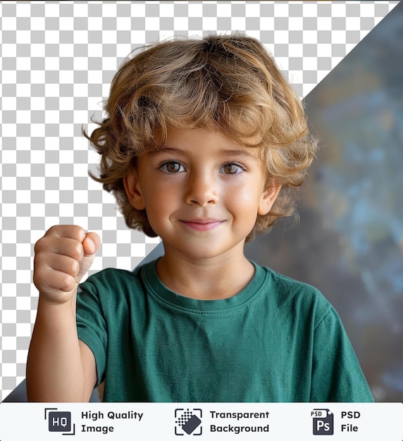 PSD premium full body little small fun happy boy 6 7 years old wearing green t shirt do winner gesture clench fist studio portrait mother s day love family life