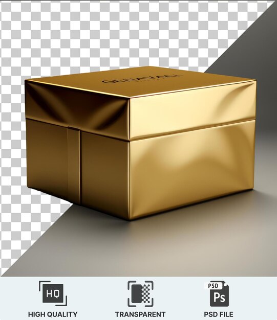 Premium gold box on a table against a gray wall