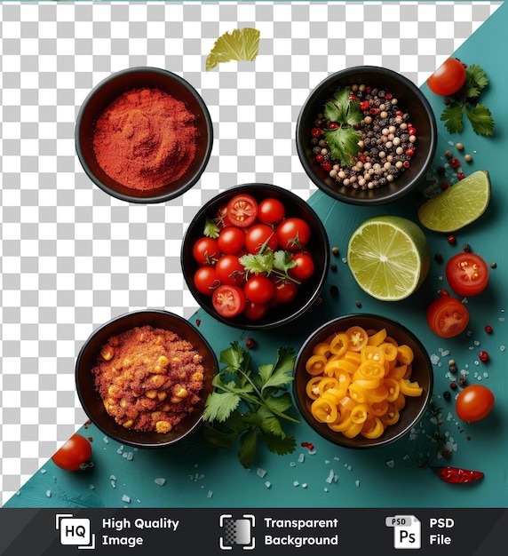 PSD premium gourmet mexican cooking set featuring a variety of fresh ingredients including tomatoes lemons and limes arranged in black and brown bowls on a blue table