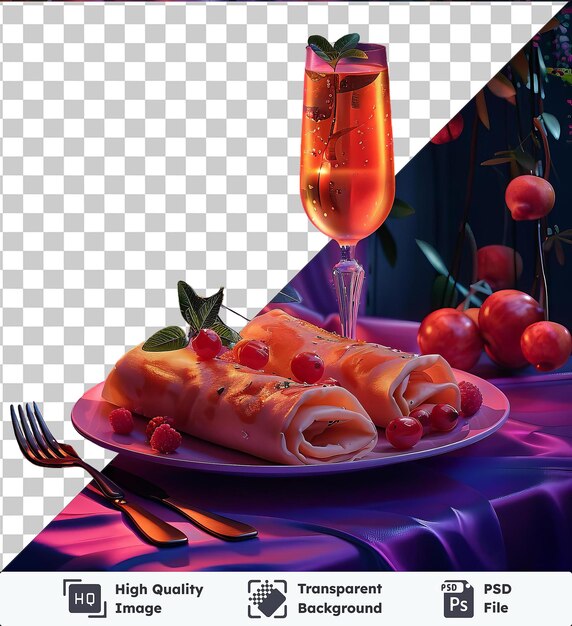 PSD premium of gozlemeat cake and fruit on a white plate with a silver fork accompanied by a tall glass and a white candle on a purple table with a purple curtain in the