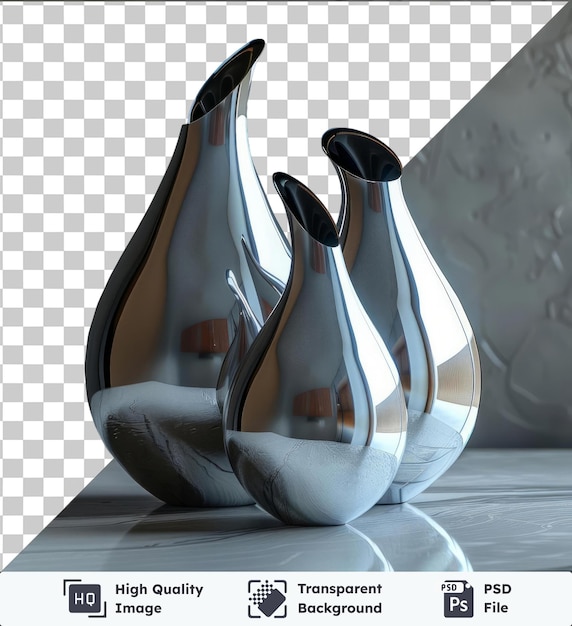 PSD premium gravy shaped vases in silver and white sit on a transparent background against a gray and white wall with a shiny reflection visible in the foreground