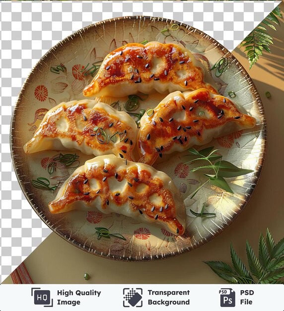 Premium gyoza dumplings geserveerd op een wit bord met eetstokjes vergezeld van een groen blad op een doorzichtige achtergrond