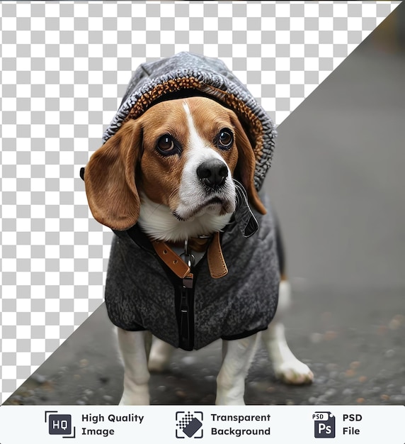 PSD un bellissimo e giovane beagle in strada che indossa un collare marrone e un collare arancione e marrone con un naso nero e occhi marroni e una gamba bianca visibile