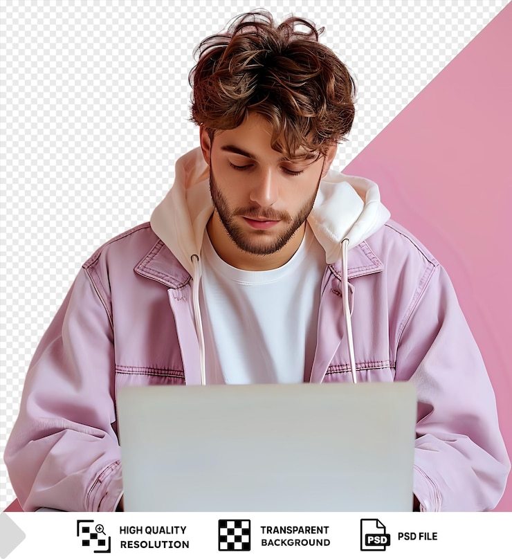 PSD premium of handsome young man working at the laptop on pink background png