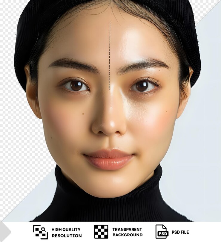 PSD premium headshot showcasing facial lifting results with features like brown eyes small nose red lips and a black hat