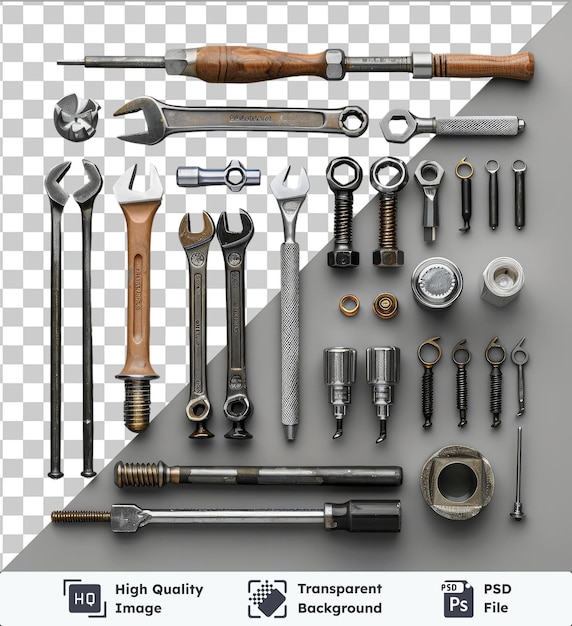 Premium of high quality psd automotive maintenance tools set displayed on a gray and transparent background featuring a silver and metal tool a brown and wood handle and a silver and metal tool