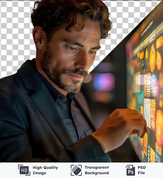 PSD premium of high quality psd business man in black suit using and touch screen display with brown hair large nose and blue and brown eye while wearing a blue shirt and holding