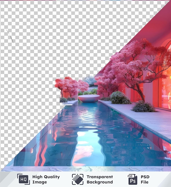 PSD premium of high quality psd cameo swimming pool with lush greenery under clear blue sky