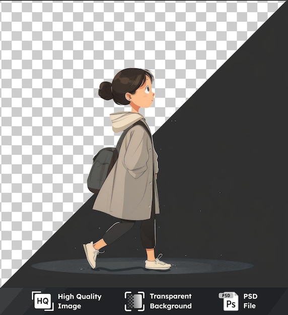 PSD premium of high quality psd cartoon woman walking with speech bubble wearing a white shoe and carrying a gray and black bag with a black leg visible in the foreground