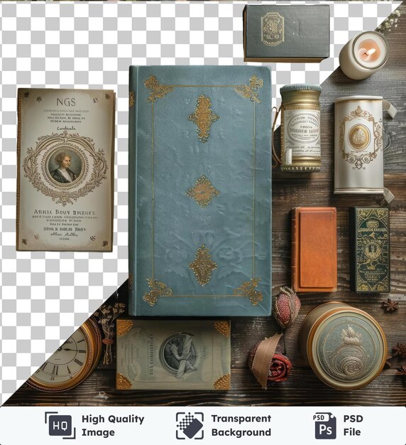 PSD premium of high quality psd classic literature collection set displayed on a wooden table featuring a gold clock blue book and orange candle