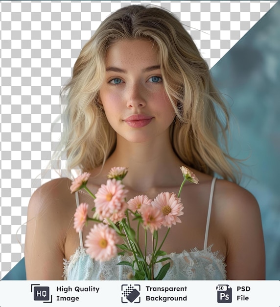 PSD premium of high quality psd friendly caucasian young woman with long light blond hair in evening outfit holding flowers isolated on pink background