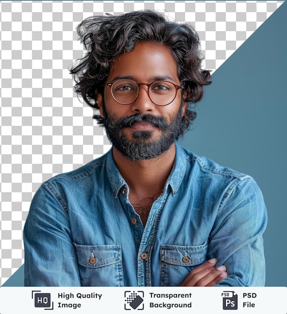 PSD premium of high quality psd full size body length confident happy young bearded indian man 20s years old wears blue shirt hold hands crossed studio portrait people emotions lif