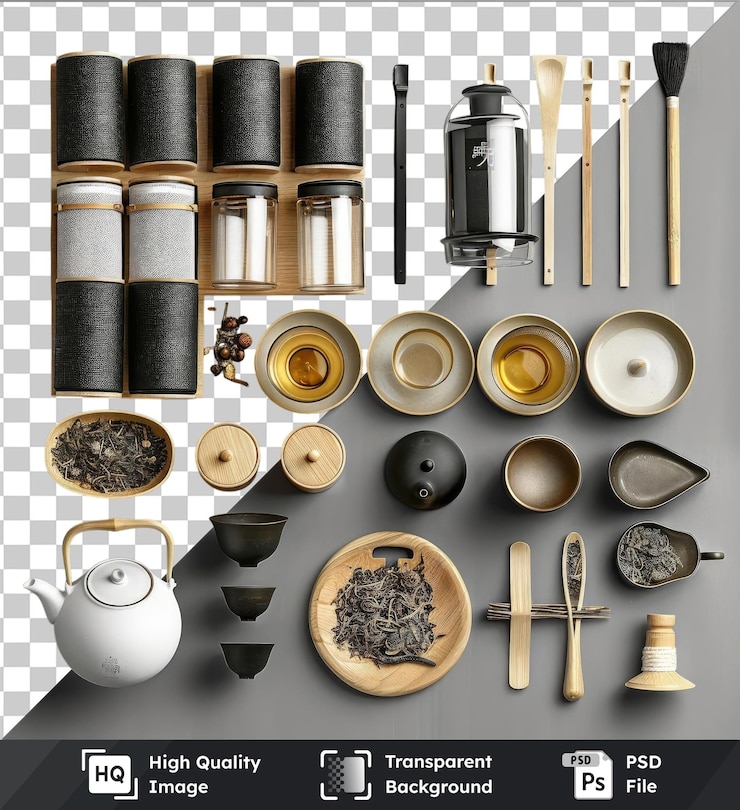 PSD premium of high quality psd gourmet tea and brewing set displayed on a gray and white wall featuring a white teapot wood spoon and various bowls and plates including
