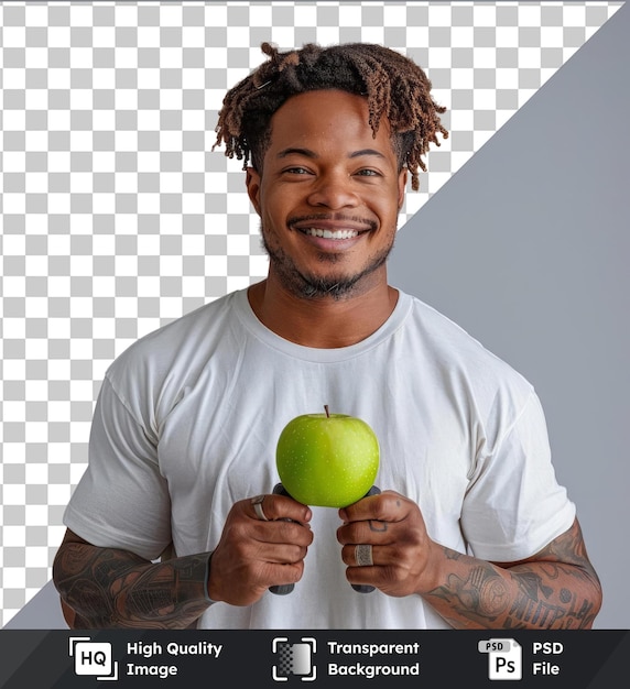 PSD premium of high quality psd handsome cheerful man wearing blank t shirt standing showing green apple exercising with dumbbells with curly brown hair big nose and black tattoos on his arms