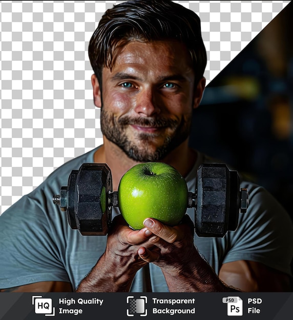 PSD premium of high quality psd handsome cheerful man wearing blank t shirt standing showing green apple exercising with dumbbells with curly brown hair big nose and black tattoos on his arms