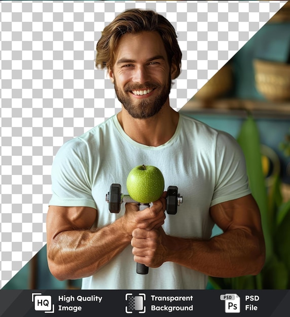 Premium of high quality psd handsome cheerful man wearing blank t shirt standing showing green apple exercising with dumbbells