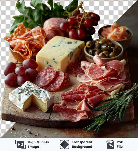 PSD premium of high quality psd home cheese and charcuterie board set up on a wooden table accompanied by a variety of red and white grapes a small white bowl and a