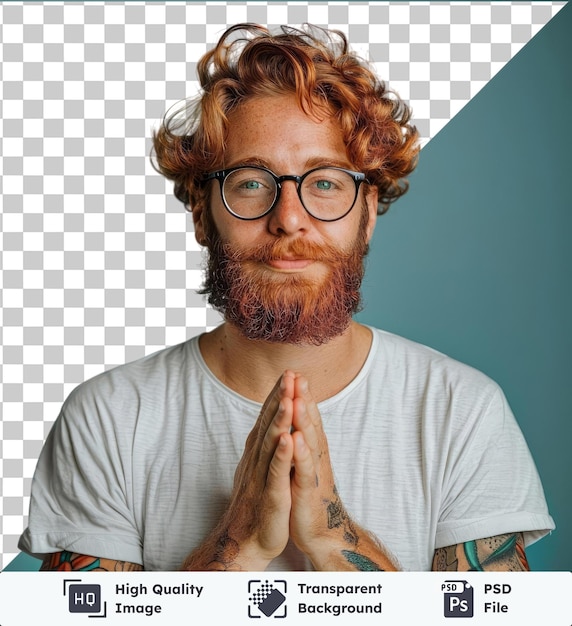 PSD premium of high quality psd hopeful redhead man with beard wearing glasses and t shirt holding hands