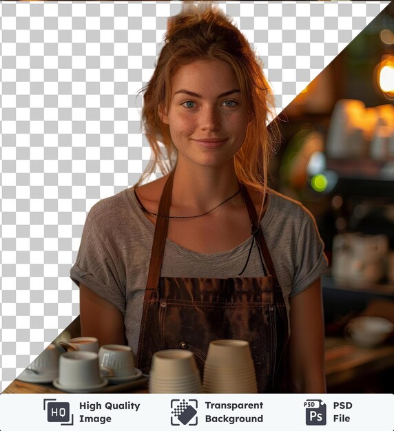 PSD premium of high quality psd isolated small business lady owner or barista with apron standing at the counter