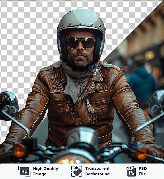 Un uomo che indossa un casco e guida una moto davanti a un edificio marrone con una luce arancione visibile sullo sfondo indossa una giacca marrone e