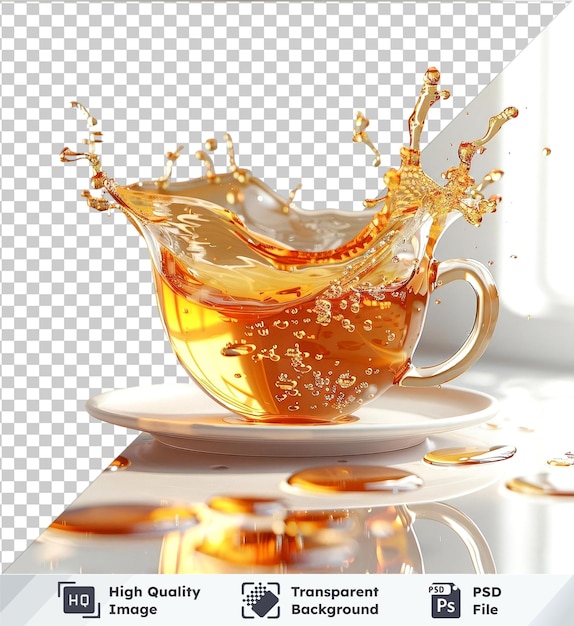 PSD premium of high quality psd mockup of a cup of tea with a splash of liquid on a transparent background accompanied by a white plate and a glass handle