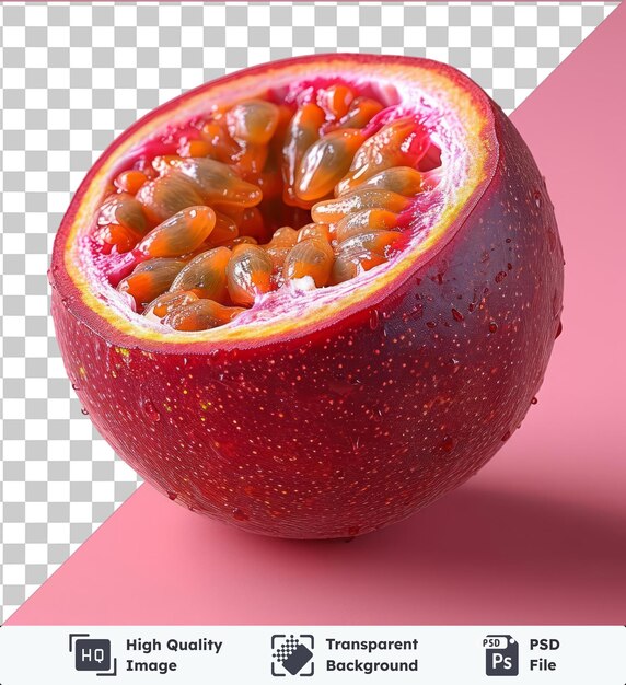 PSD premium of high quality psd passion fruit displayed on a pink background with a dark shadow in the foreground