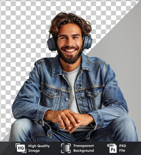 Premium of high quality psd photo of nice cheerful friendly man wear denim trendy outfit speaking communicating video call with headphones