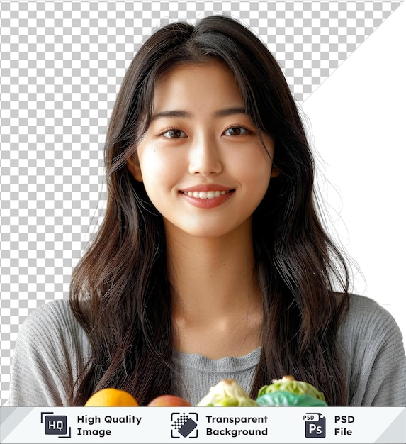 PSD premium of high quality psd portrait beautiful young asian woman smile with grocery basket from supermarket featuring brown eyes nose and hair wearing a gray shirt