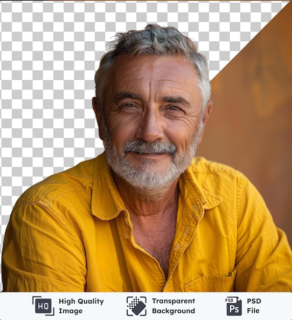 PSD premium of high quality psd portrait of charming mature man true boss feel content emotions wear yellow shirt with gray beard and hair standing in front of an orange wall his features include a large