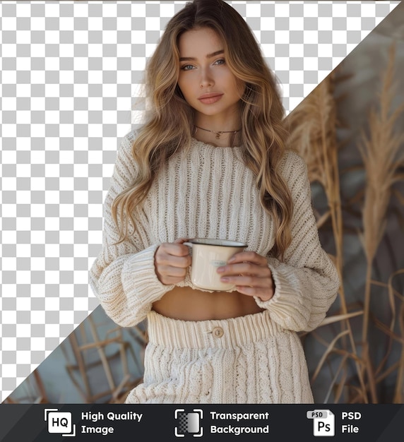 Premium of high quality psd portrait of positive calm peaceful woman hold hot cup with cacao beverage smell enjoy aroma wear knitted sweater pants