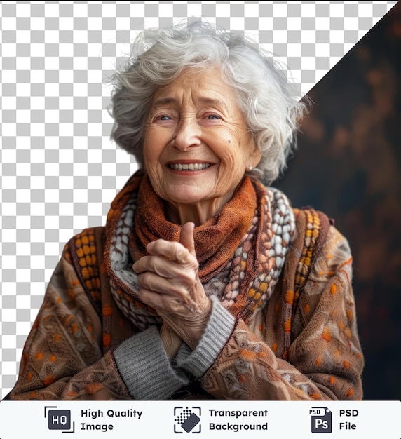 PSD un ritratto di una signora anziana sorridente che parla al cellulare indossando una sciarpa marrone e con i capelli bianchi e grigi occhi blu e marroni e un