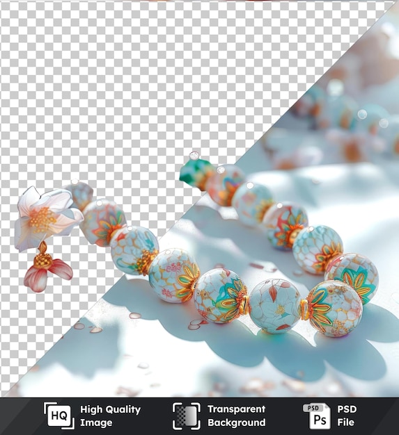 PSD premium of high quality psd prayer beads jewellery displayed on a transparent background adorned with a variety of colorful flowers including white pink and orange blooms as well as a blue and