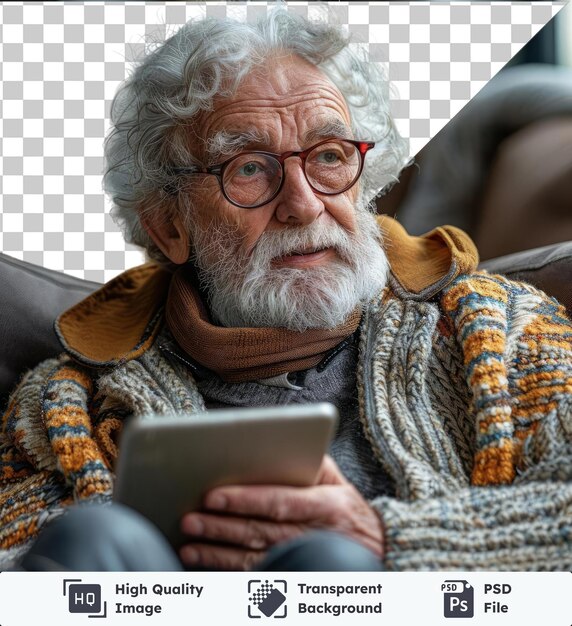 PSD premium of high quality psd senior man using tablet on sofa with gray and white beard black glasses and gray hair while wearing a gray sweater and holding a hand up to his
