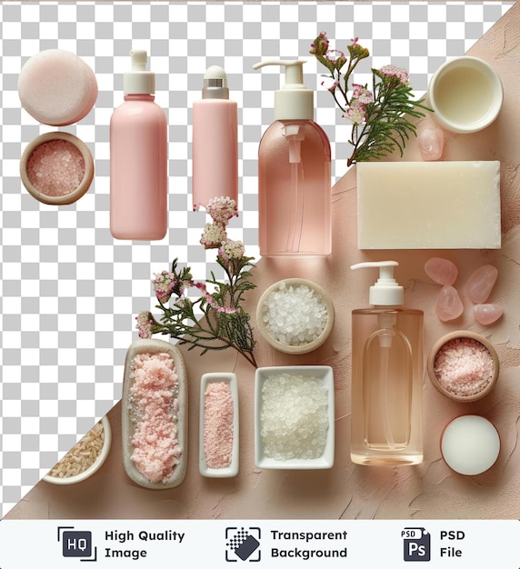 PSD premium of high quality psd spa day at home set up with a variety of bottles bowls and flowers on a transparent background