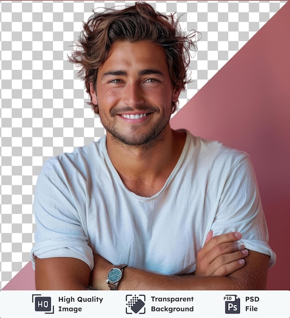 Premium of high quality psd studio shot of happy young handsome man smiling with arms crossed in front of a pink wall wearing a white and blue shirt with brown hair a large