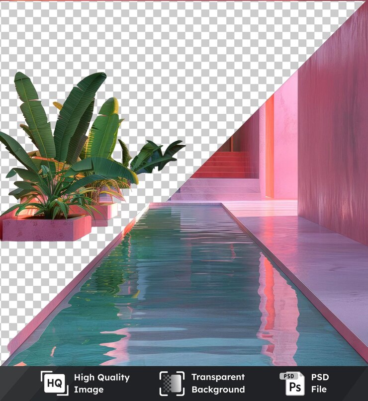 PSD premium of high quality psd a swimming pool with lush greenery and pink building
