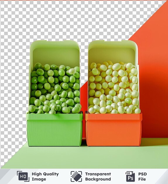PSD premium di fagioli teneri di alta qualità in scatola riciclabile contro una parete arancione