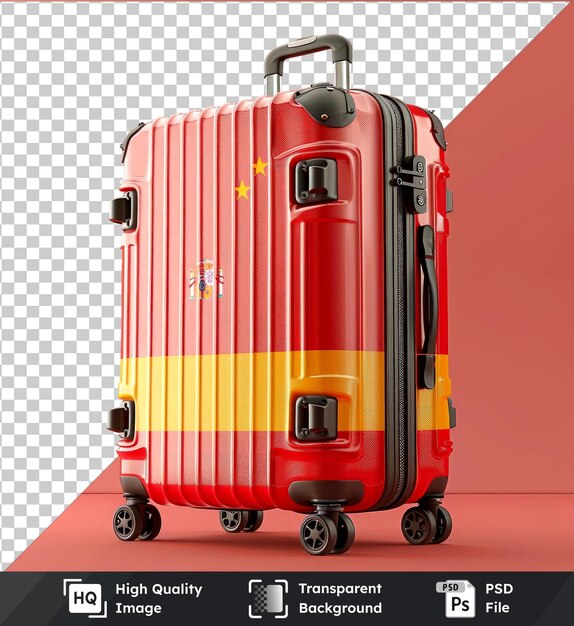 PSD premium of high quality psd travel suitcase mockup with the flag of spain displayed against a red wall featuring black wheels and handles