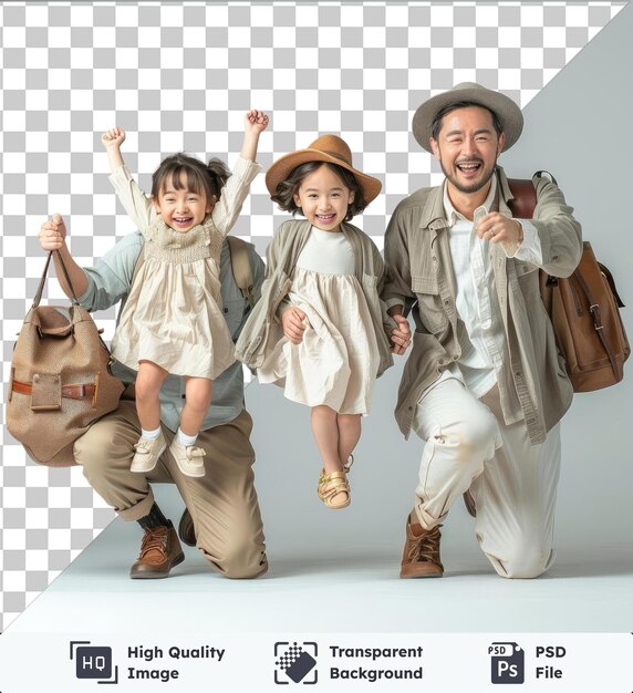 PSD premium of high quality psd traveler parents mom dad with child girl wear casual clothes hold bags sit on back tourist travel abroad in free time rest getaway air flight trip jl