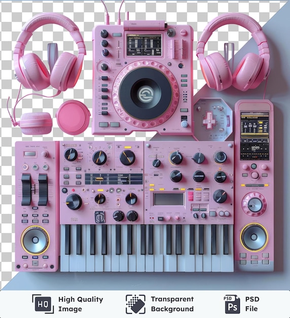 PSD premium high-tech elektronische muziek dj-apparatuur set met roze koptelefoon en een zwart-wit toetsenbord