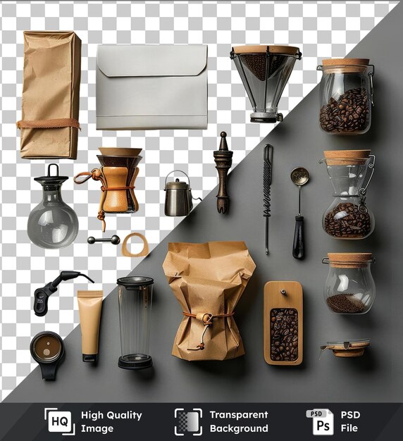 PSD premium home brewing koffie kit set weergegeven op een witte en grijze muur vergezeld van een bruine tas en een zilveren lepel