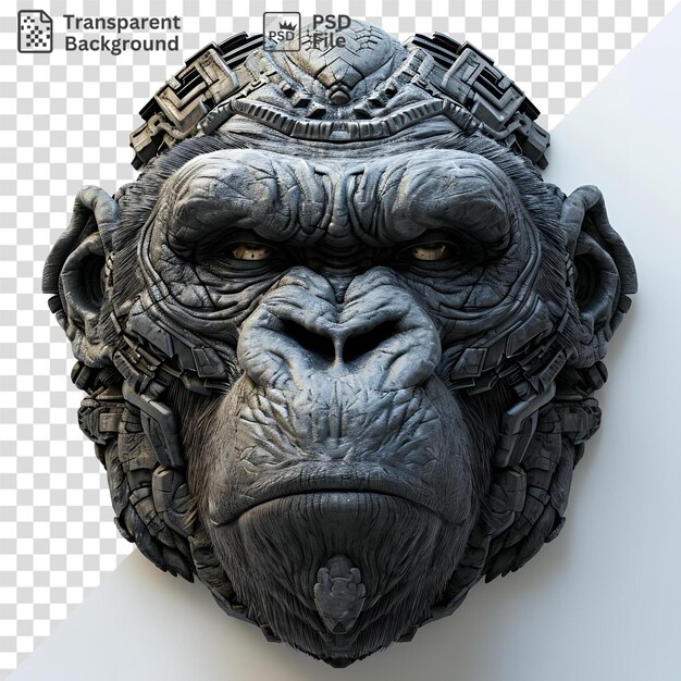 Premium of the image a sculpture of a gorilla head with brown eyes and a black nose featuring a black and gray face