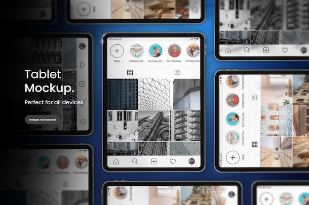 PSD premium instagram-mockup voor tabletschermen op een rijke blauwe achtergrond