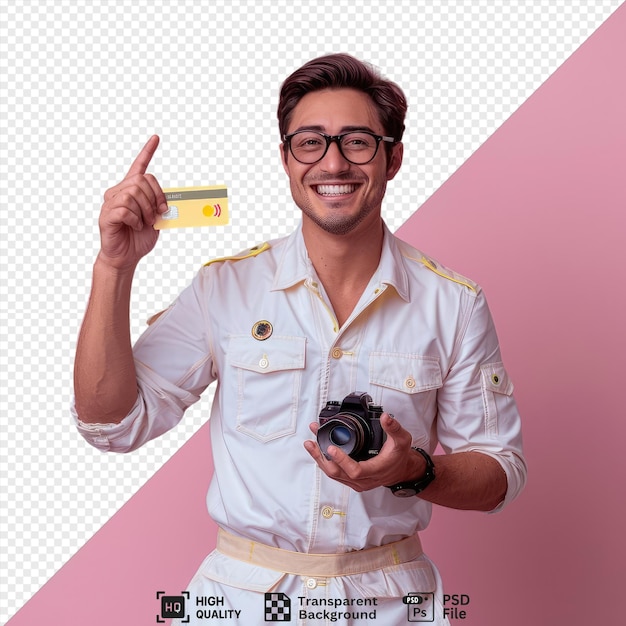PSD premium of joyful young barber wearing uniform and glasses showing credit card looking camera showing ok sign while standing in front of a pink wall he is wearing a white shirt tan and brown belt