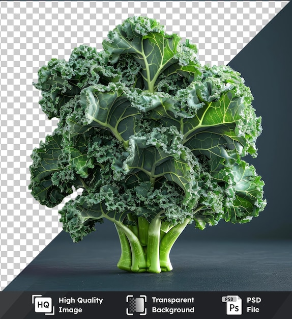 PSD premium of kale mockup on dark background with green stem and broccoli