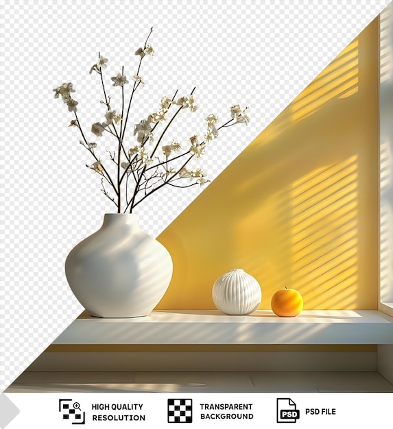 PSD premium of key west flowers in a white vase sit on a ledge against a yellow wall with a white window in the background png