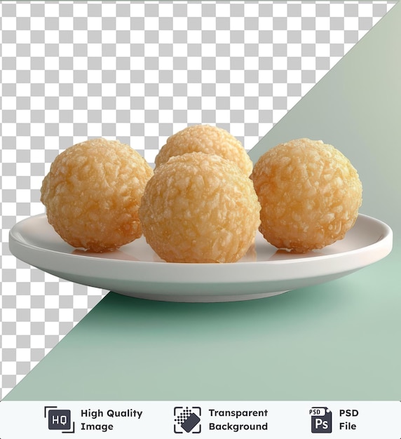 PSD premium of laddu on a white plate with a round ball on a green and blue table casting a green shadow