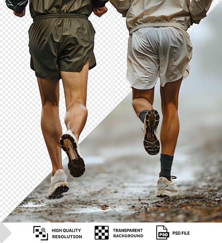 PSD premium of legs of two running men in outdoors one wearing green shorts and black socks the other wearing tan and khaki shorts and black socks with a brown shoe visible in the png