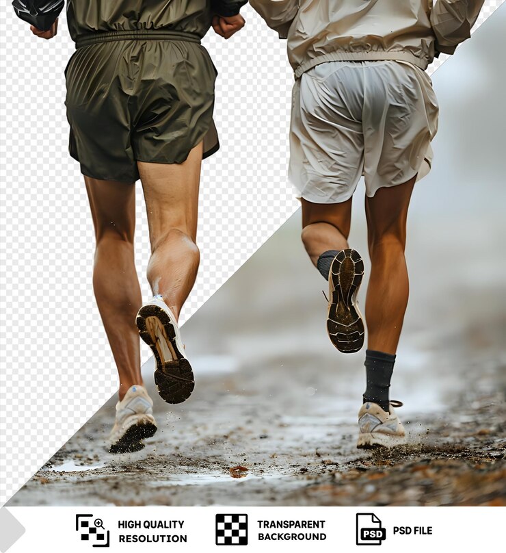 PSD premium of legs of two running men in outdoors one wearing green shorts and black socks the other wearing tan and khaki shorts and black socks with a brown shoe visible in the png